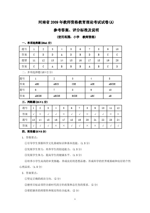 河南省2009年教师资格教育理论考试小学试卷A(答案)