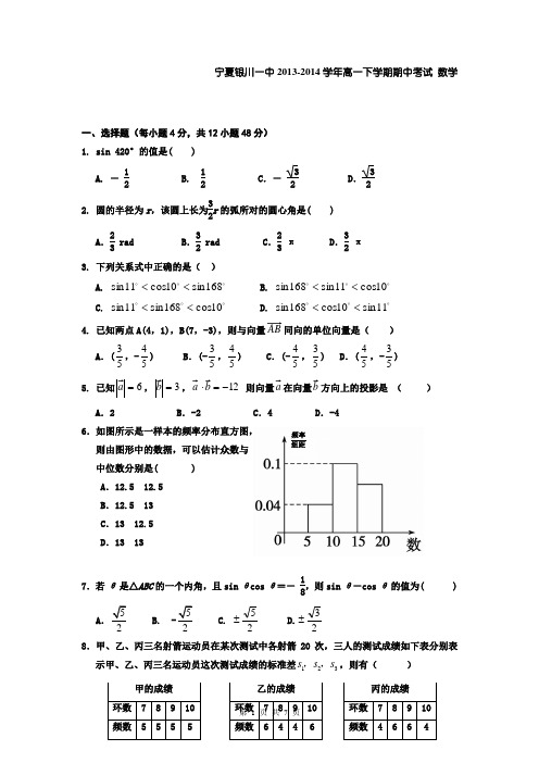 宁夏银川一中2013-2014学年高一下学期期中考试 数学