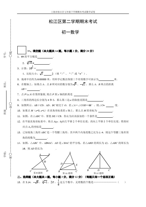 上海市松江区七年级下学期期末考试数学试卷