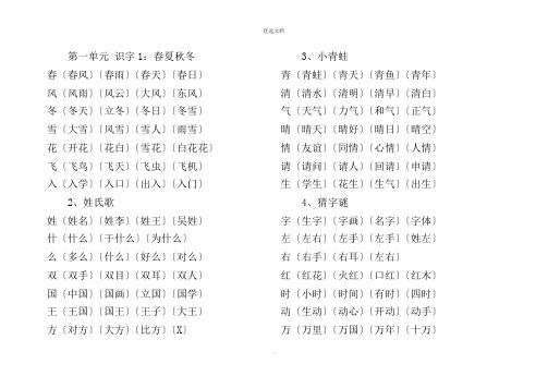 部编版语文一年级下册词语表(四会字组词)