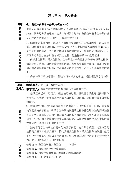 2018.5青岛版四年级下册第七单元剪纸中的数学—分数加减法 单元备课