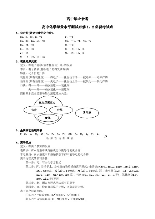 高中化学学业水平考试必背知识点 