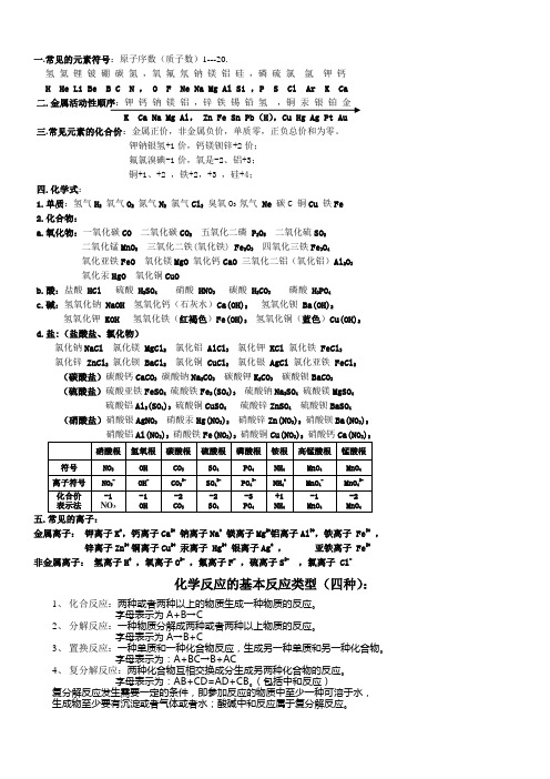 九年级元素化学式化学方程式