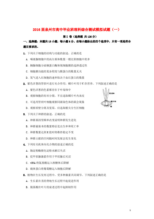 福建省泉州市高三理综测试模拟试题(一)