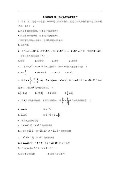 2019-2020年高中数学人教A版选修2-1单元优选卷:(2)充分条件与必要条件 Word版含答案