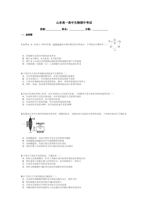 山东高一高中生物期中考试带答案解析
