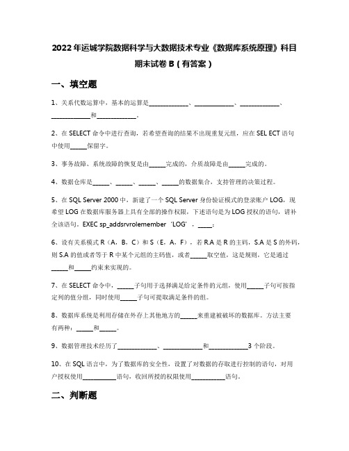 2022年运城学院数据科学与大数据技术专业《数据库系统原理》科目期末试卷B(有答案)