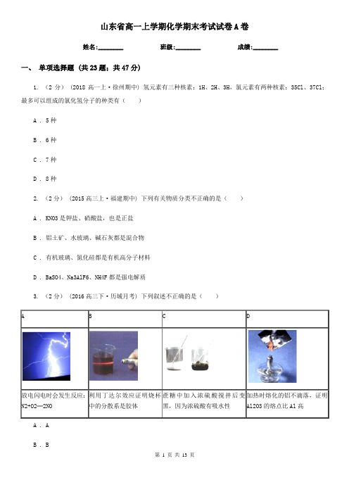 山东省高一上学期化学期末考试试卷A卷(练习)