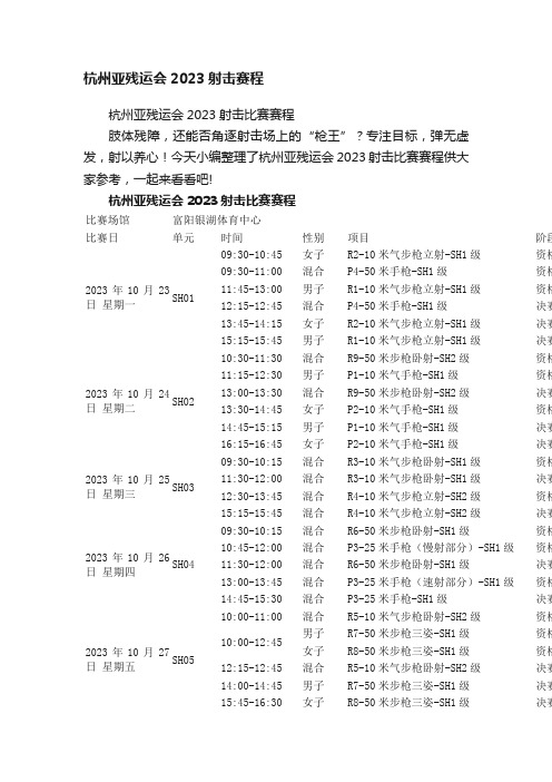 杭州亚残运会2023射击比赛赛程