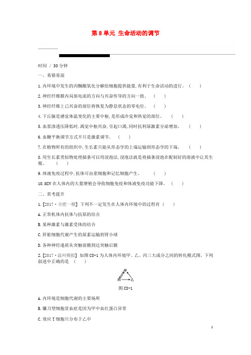 (人教版)2020届高考生物一轮复习 第8单元 生命活动的调节常考易错训练