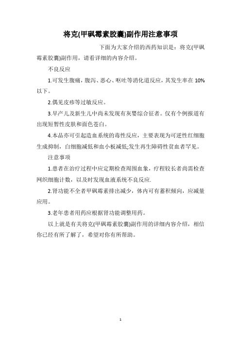 将克(甲砜霉素胶囊)副作用注意事项