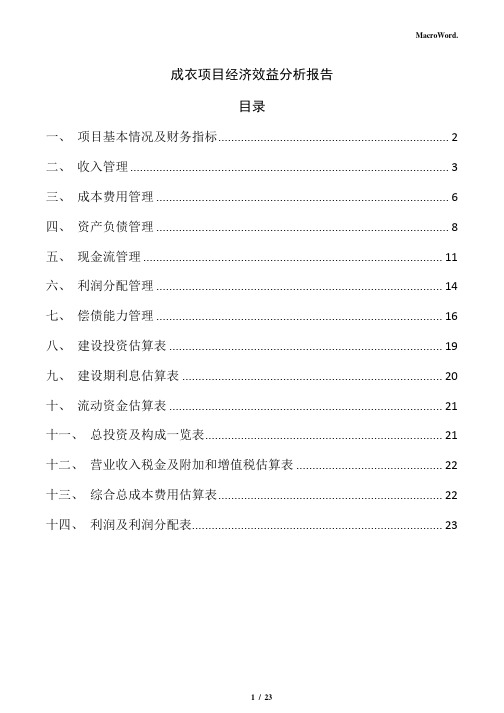 成衣项目经济效益分析报告(范文模板)