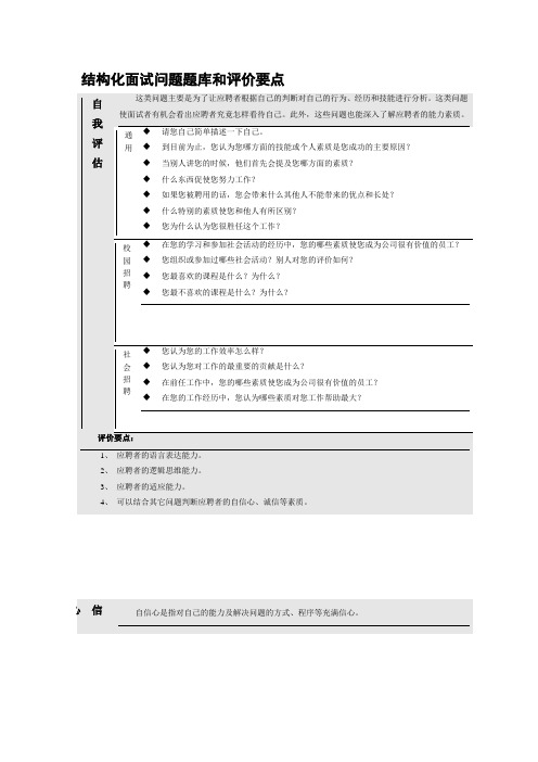 结构化面试问题题库和评价要点