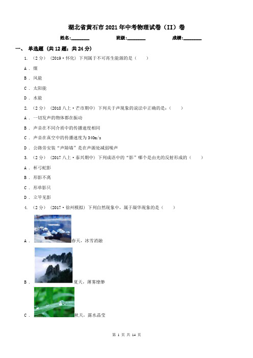 湖北省黄石市2021年中考物理试卷(II)卷