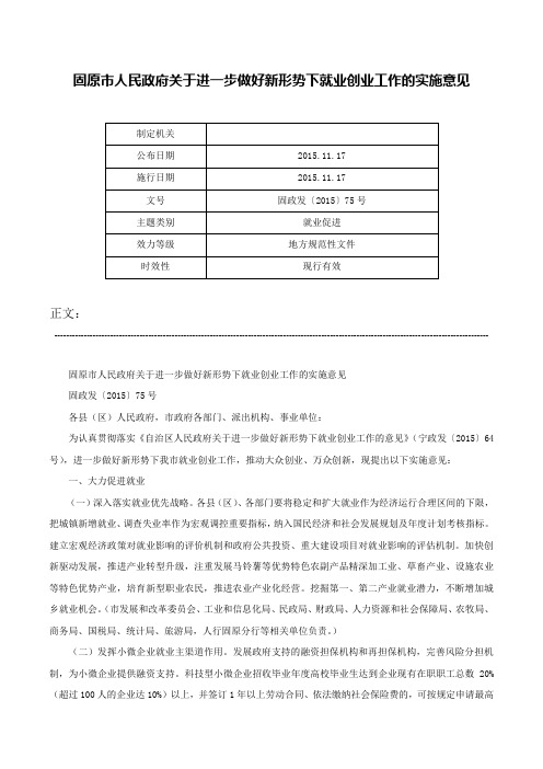 固原市人民政府关于进一步做好新形势下就业创业工作的实施意见-固政发〔2015〕75号