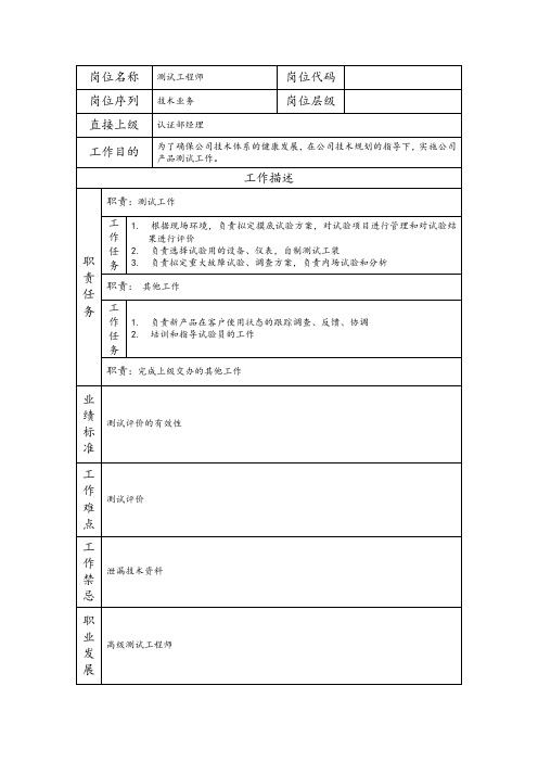 测试工程师--工业制造类岗位职责说明书