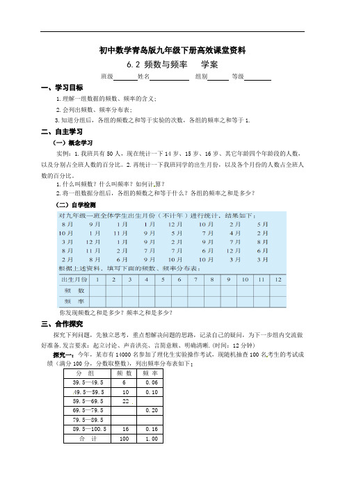 初中数学青岛版九年级下册高效课堂资料6.2 频数与频率 学案