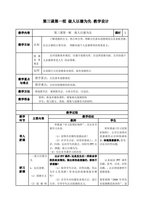 第三课第一框 做人以德为先 教学设计