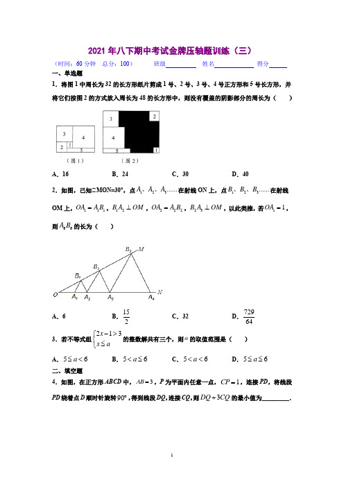 压轴题训练(三)(原卷版)-2020-2021学年八年级数学下学期期中考试压轴题专练(北师大版)