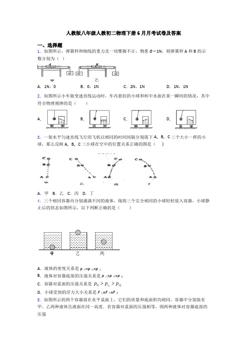 人教版八年级人教初二物理下册6月月考试卷及答案