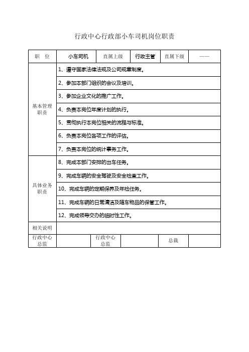 行政中心行政部小车司机岗位职责