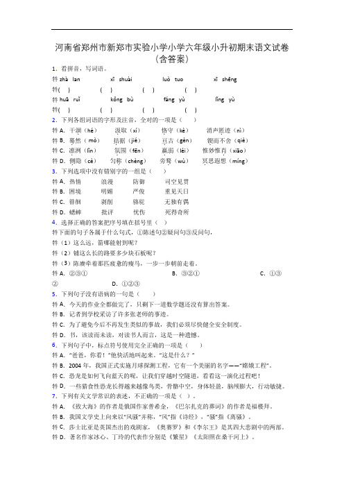 河南省郑州市新郑市实验小学小学六年级小升初期末语文试卷(含答案)