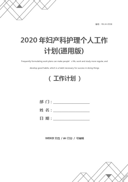 2020年妇产科护理个人工作计划(通用版)