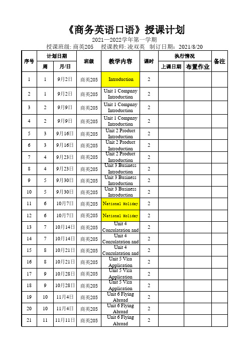 商务英语口语 授课计划