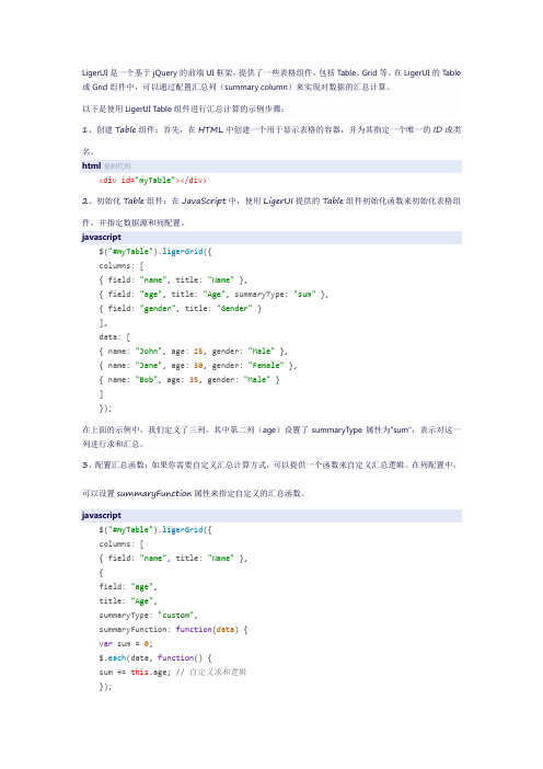 ligerui table 汇总列计算