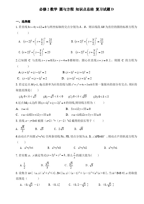 必修2数学-圆与方程-知识点总结-复习试题D