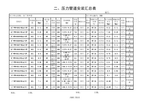 压力管道安装管线汇总表-未取证