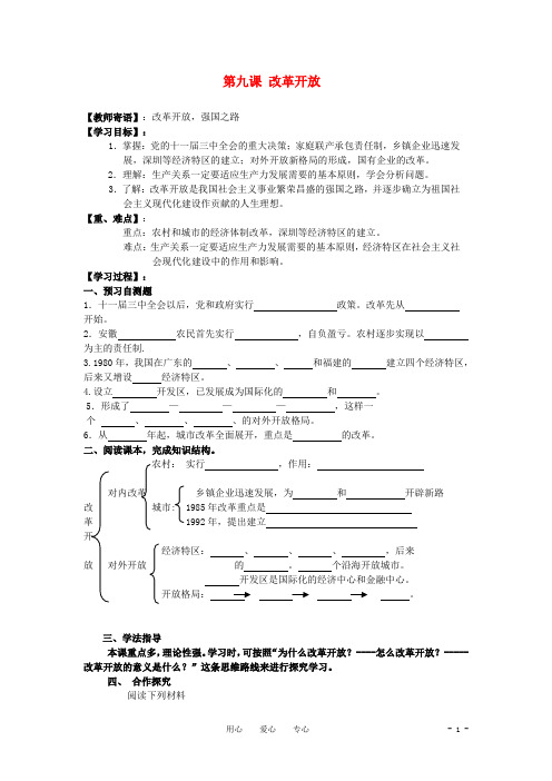 山东省泰安市2010-2011学年八级级历史下册 第9课 改革开放学案(无答案)人教新课标版