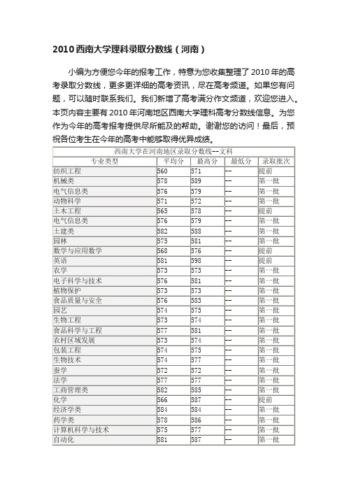 2010西南大学理科录取分数线（河南）