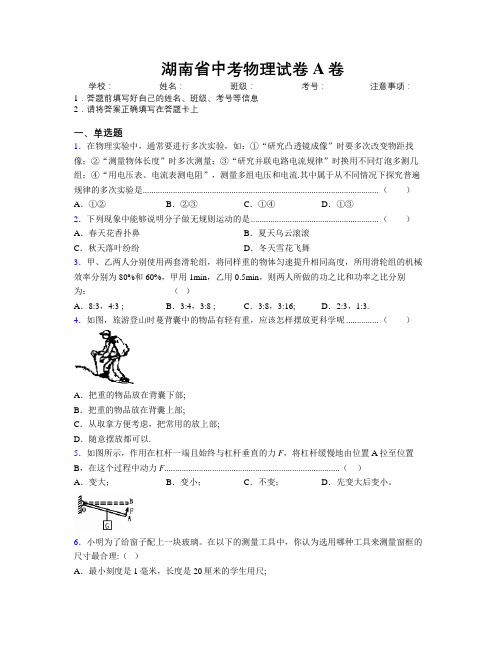 湖南省中考物理试卷A卷附解析