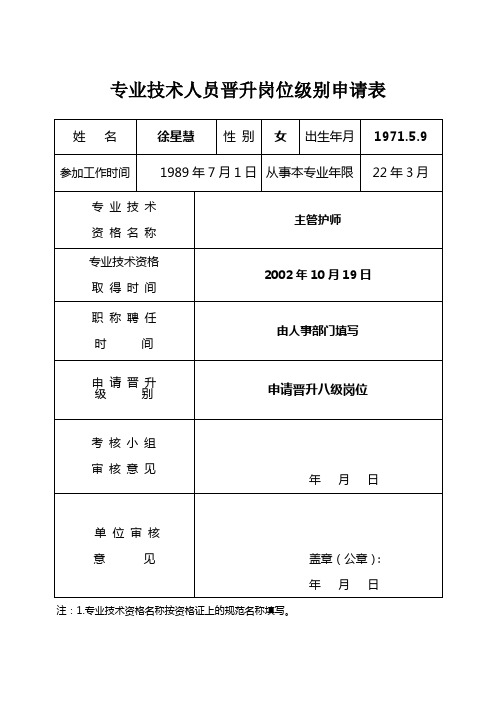 专业技术人员晋升岗位级别申请表