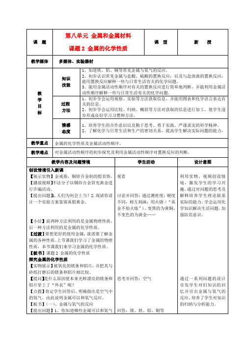 九年级化学下册 第八单元 课题2金属的化学性质教案 人教新课标版