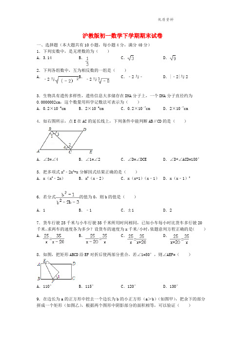 2021年沪教版初一数学下学期期末试卷 (3).doc