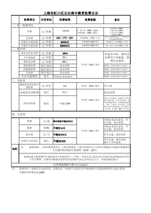 上海市虹口区公办高中教育收费公示