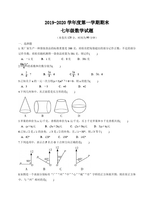 广东省湛江市2019-2020学年七年级上学期期末考试数学试题含答案