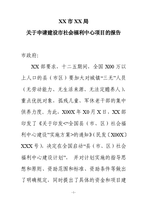 XX市XX局关于2015年向市政府申请建设市社会福利中心项目的请示报告