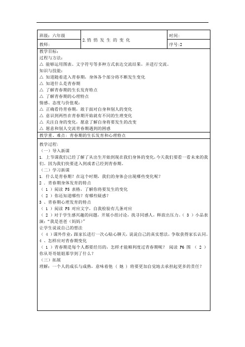 苏教版科学六下《悄悄发生的变化》表格式简案