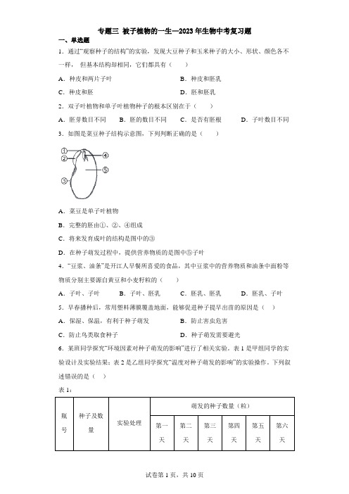 专题三 被子植物的一生—2023年生物中考复习题