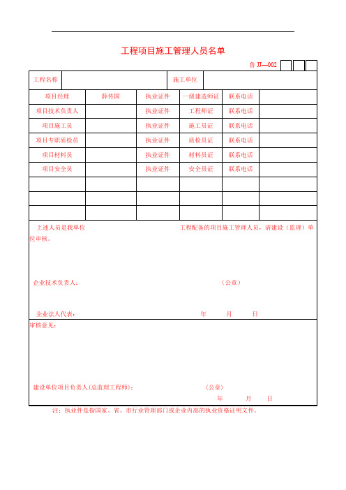 工程项目施工管理人员名单