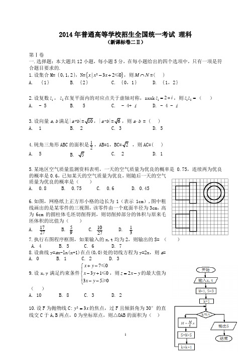 2014年新课标2卷高考理科数学试题及答案