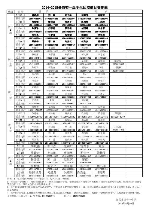 2014-2015学生暑假值日安排