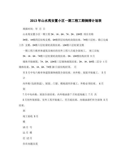 2013年山水苑安置小区一期工程工期倒排计划表