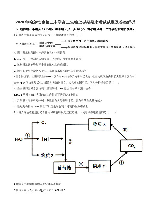 2020年哈尔滨市第三中学高三生物上学期期末考试试题及答案解析