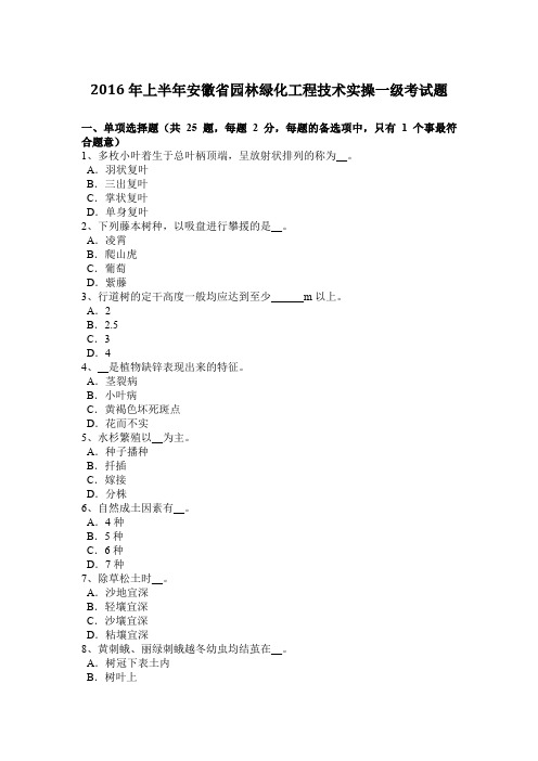 2016年上半年安徽省园林绿化工程技术实操一级考试题