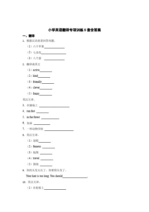 小学英语翻译专项训练5套含答案-5份