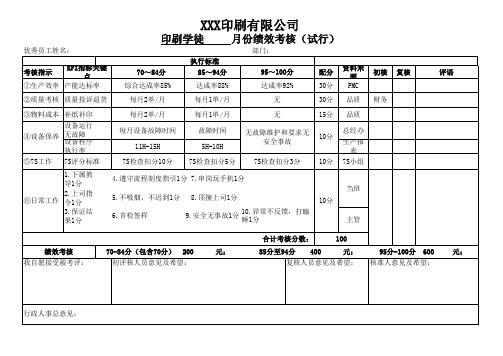 印刷企业印刷车间绩效考核表